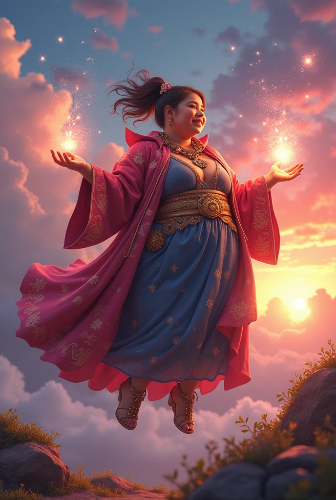 fat character, teenager using magic with their hands (choose a random spell), stylish, that can fly 