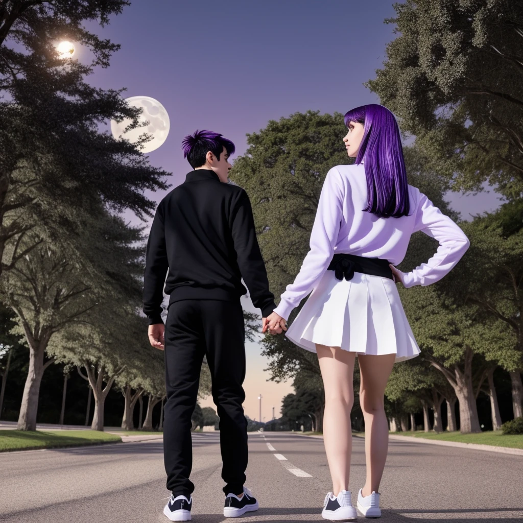A black and white haired boy under the moonlight on a road surrounded by large trees with a white sweatshirt, black pants and white shoes with his back to the camera, hands in his pocket looking at the moon that lights up everything on a night, trees on the deserted road, hands in his pockets, anime character holding hands with a girl with purple hair in a white long-sleeved shirt and a short white skirt with a black tie and purple eyes, trying to be a couple, a boy and a girl 