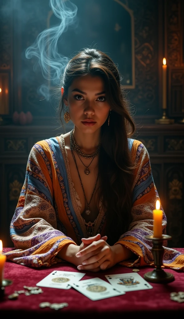 a fortune teller, with cards under the table, she is sitting at the fortune teller's table looking directly at the camera realistic image, with high 8k quality