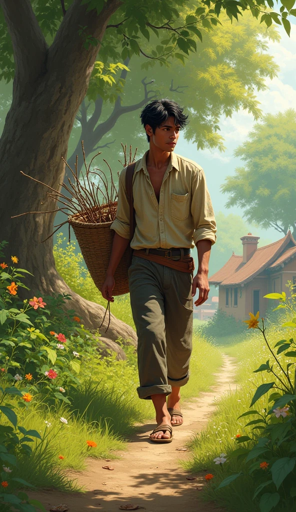 hamid a young man collecting woods in the village