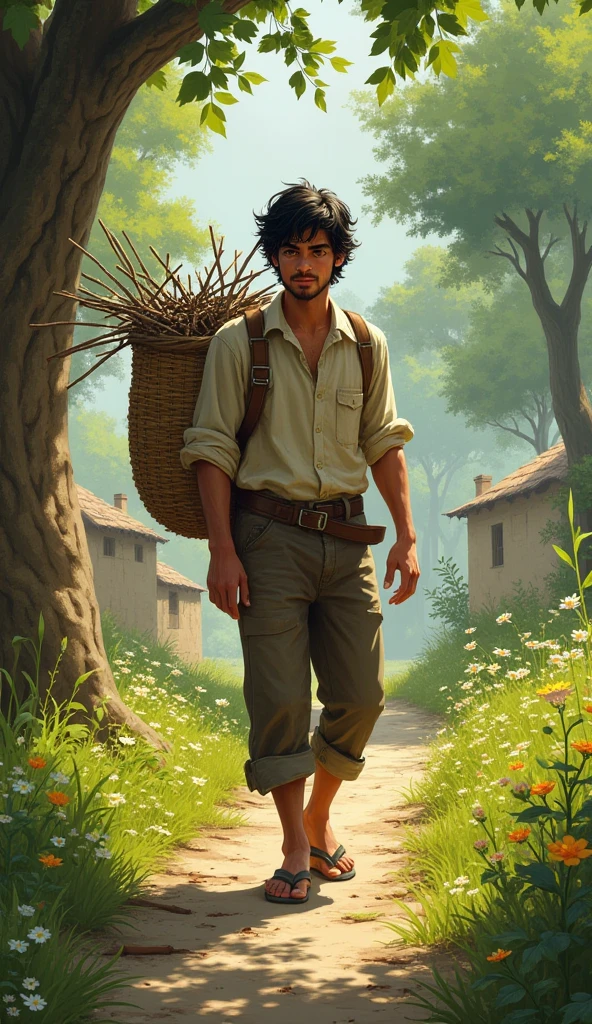 hamid a young man collecting woods in the village