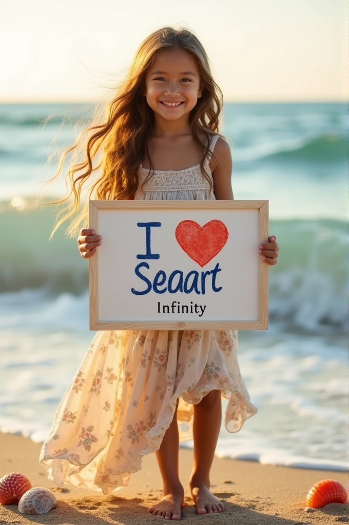 Beautiful girl with wavy long hair, bohemian dress, holding a white board with text "I Love Seaart Infinity" and showing it to the viewer