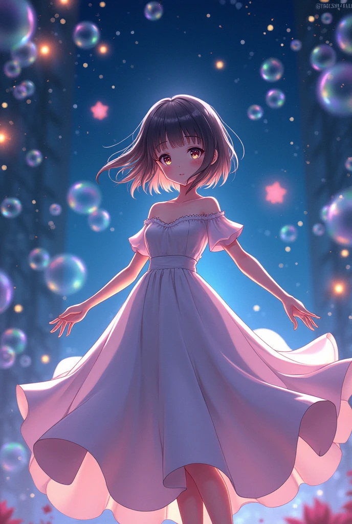 A magical night。Surrounded by soap bubbles, flowers, and gears。A dress that conceals elegant skin.。Medium Straight Hair。Side hair is layered、The bangs are straight and reach the eyes。
Japanese face。Enlarge your body。
A gentle gaze。Round face。
Wide shoulders、Large waist、Big ass。Big back。Wide shoulders。
The body is fat。Selfish Body。
155cm100kg
More thick and full-bodied
4-headed
Thin raised eyebrows、Sharp down-turned eyes、Smiling with outstretched arms and calling
