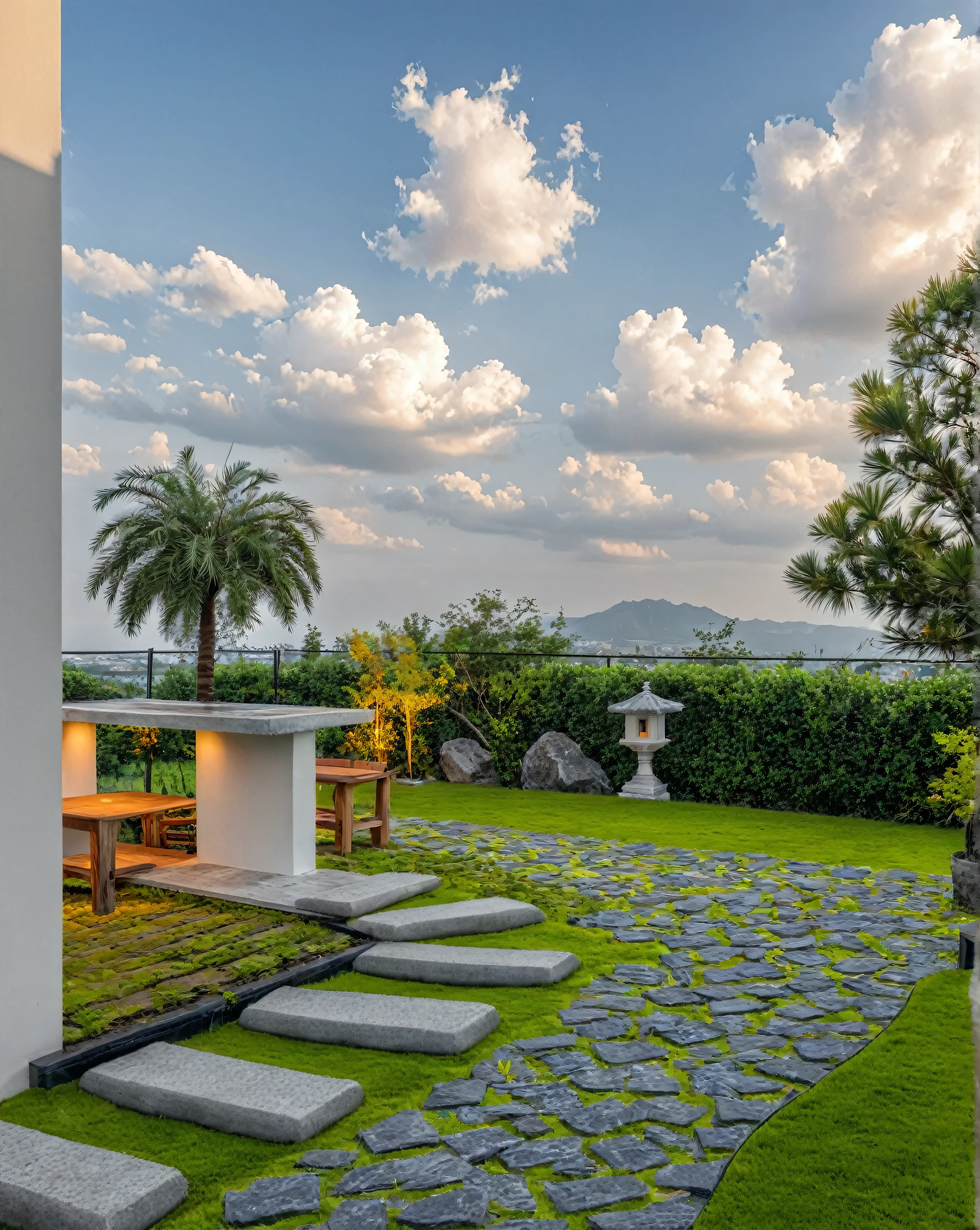 RAW PHOTO, Masterpiece, high quality, best quality, authentic, super detail, outdoors, onestoreyvillaXL, aiaigroup, house style modern on the street ,stairs, white wall ,road,pavement, grass, trees, sky, cloud, (daylight:1.1),the surrounding scenery for my rooftop garden.background, japanist,
