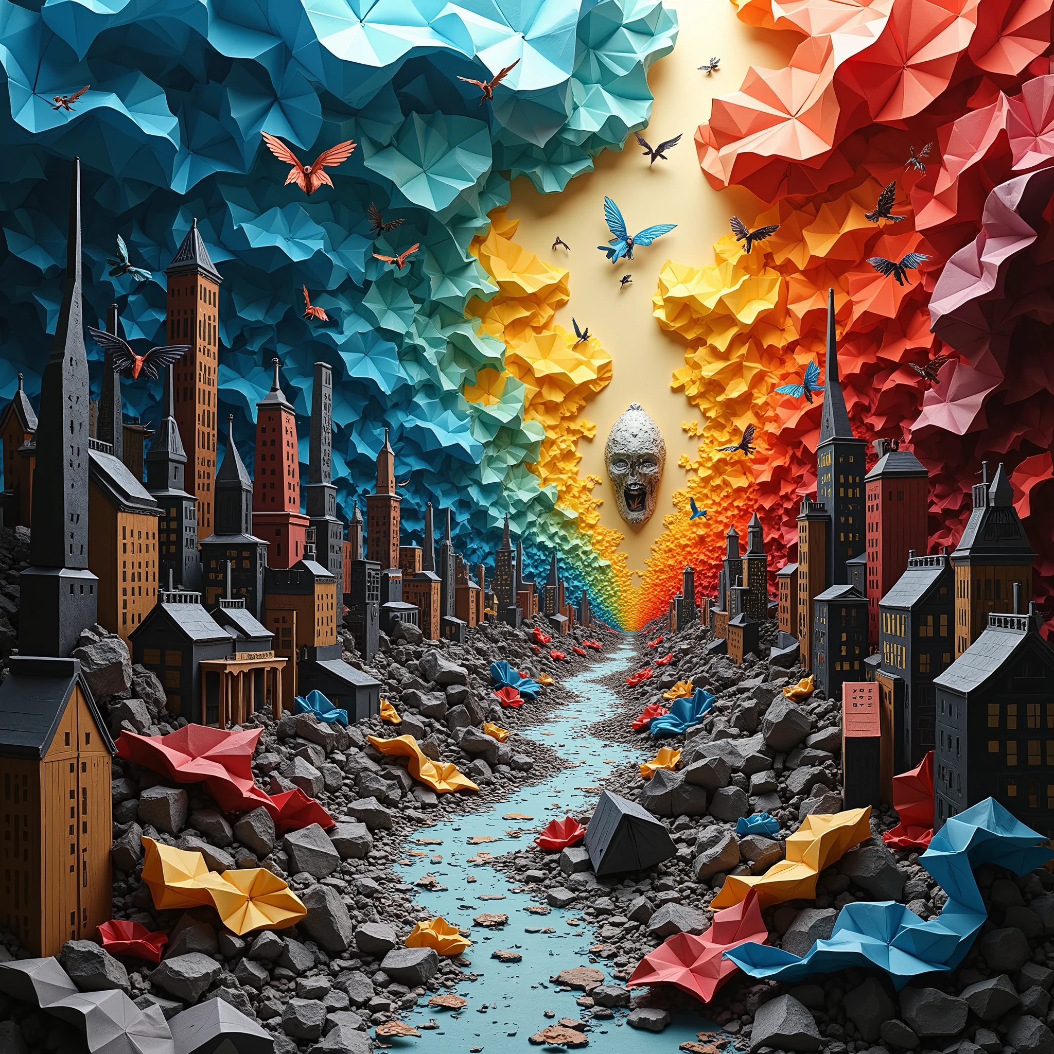 Paysage climatique chaotique en origami.Chaos. Apocalyptique. Origami. Affiche de film. Ultra détaillé. Objets divers. ((Détail)) HD. Pleins d'objets. Écriture, Diverses inscriptions.