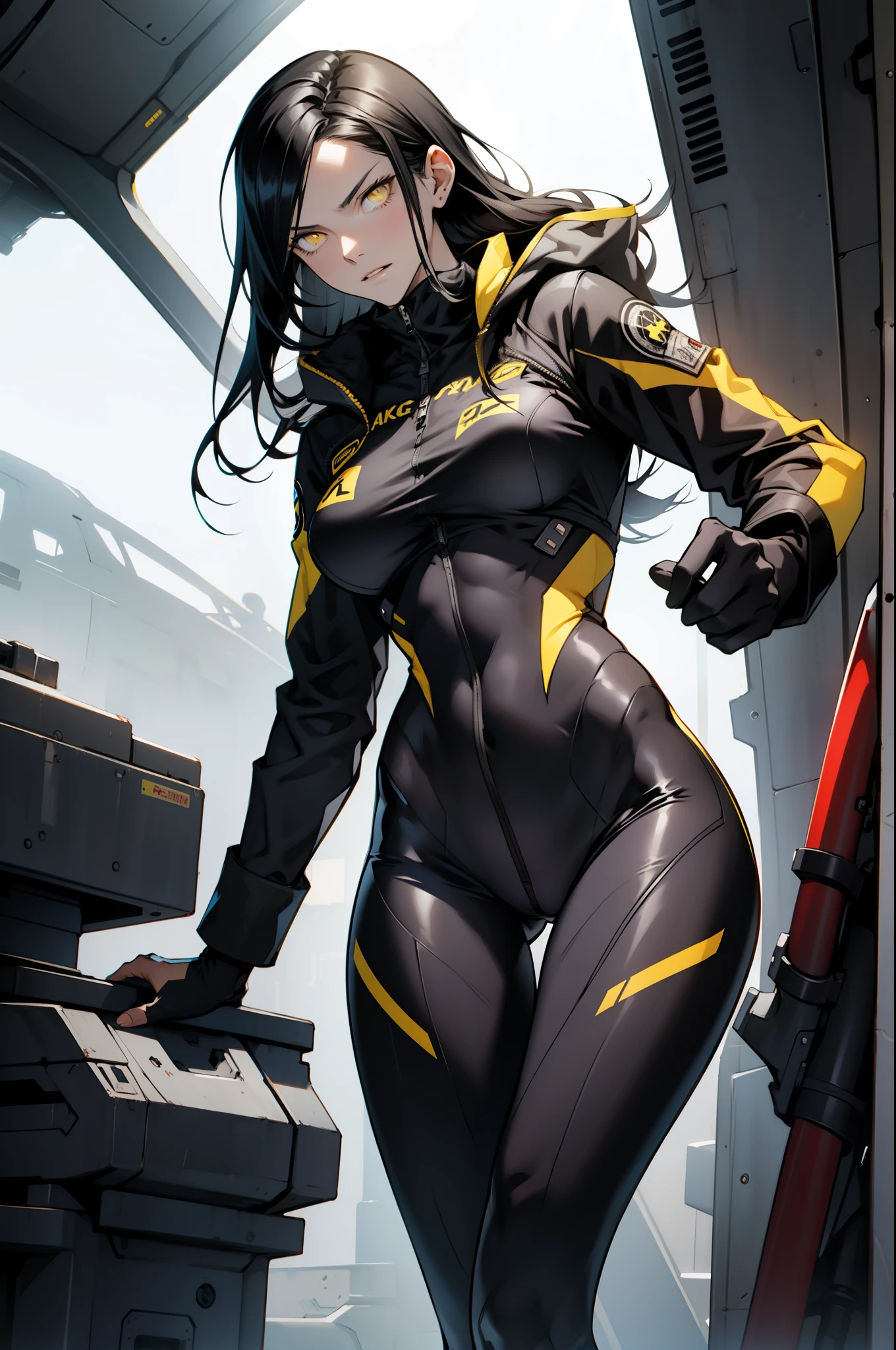 1 girl, black hair, yellow eyes, very long hair, pale skin, fit body, slender body, slim waist, large breasts, (confident expression), pilot suit, thigh gap, bare thighs,