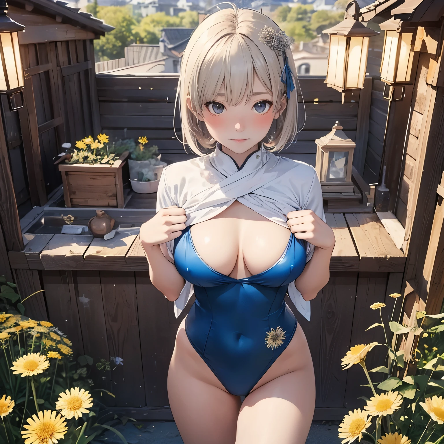 Highest quality, Super detailed, (Ultra-high resolution,8k), Ultra-high definition 4K, (Perfect Anatomy, Anatomically correct), (The three pure shrine maidens), (Detailed shrine maiden costume), ((空に舞うDandelion fluff)), (Puzzled), (High-quality facial beauty), (Photorealistic), Big Breasts, Soft Skin, Glowing Skin, Bright lighting, colorful, leotard, Dandelion fluff, shirtlift, Top view
