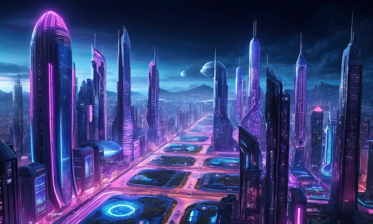 futuristic city at night:
Describe a futuristic city illuminated by vibrant neon lights, with glass skyscrapers reflecting intense blue lights, roxo e rosa. Flying cars cut through the sky, creating a sci-fi setting with hyper-realistic details.