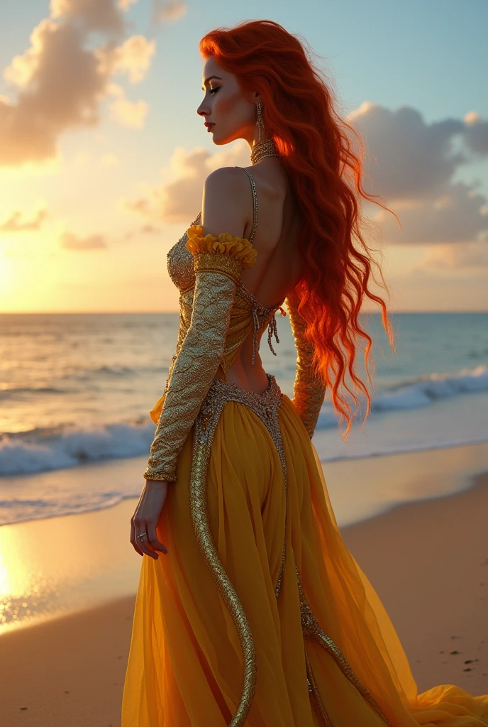 Red-haired snake woman,in a yellow and silver Victorian dress,sunset background on the beach with sun rays