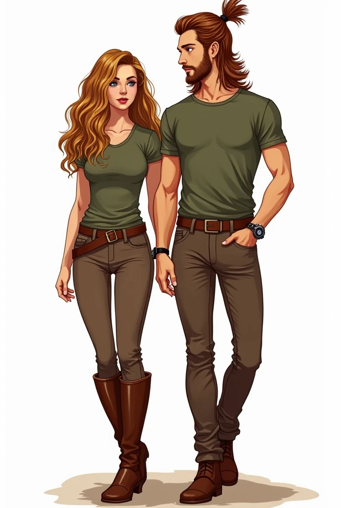 Illustration 2D sur fond blanc. Femme, cheveux longs bouclés châtain avec un dégradé blond, yeux noisettes, t-shirt vert militaire et pantalon d'équitation marron avec ceinture et boots marron.
Avec un homme mince, cheveux longs châtain attachés chignon en haut et cheveux du bas lâchés, yeux bleus, barbe d'une semaine, t-shirt vert militaire