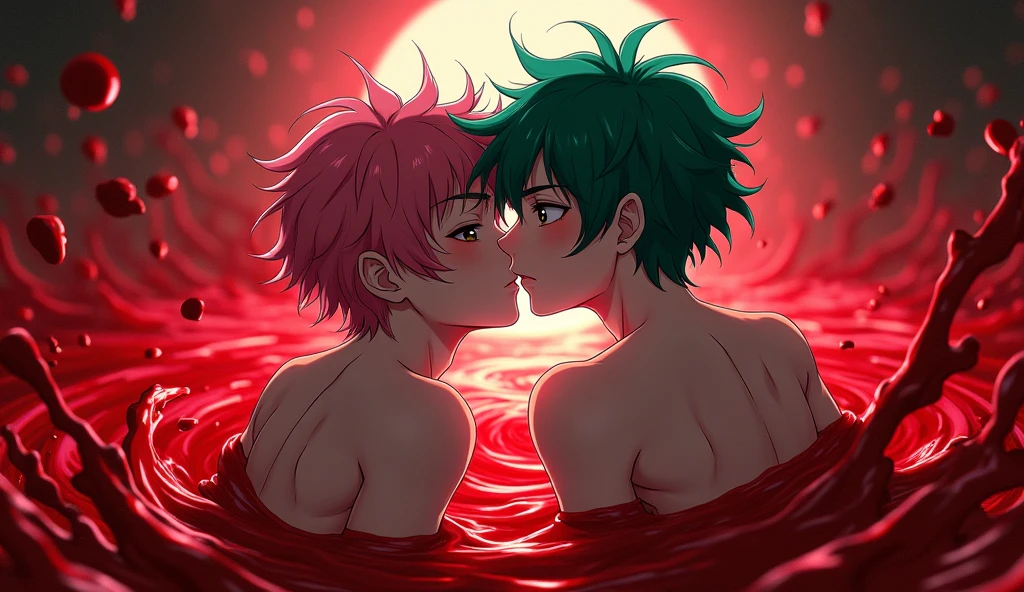 This image must be anime. There are two Killer boys who are completely naked and having sex in a sea of blood. One of the two boys has fair skin, but one of them has pink dyed hair and the other is dyed green. The two boys are then hugging and kissing and are covered in blood. One has brown eyes and the other has blue eyes.