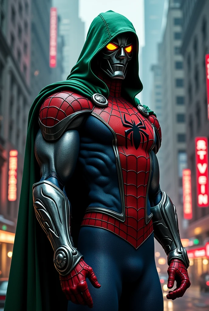 the merging of Doctor Doom's clothes with Spider-Man's
