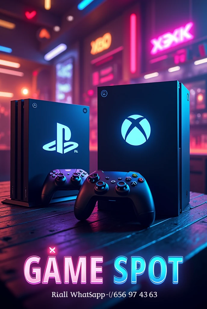Je voudrais vendre des jeux ps4 , ps5 et Xbox . Le nom de ma boutique sera "GAME SPOT" et le numéro de téléphone whatsapp à contacter pour acheter des jeux sera "656 97 43 63". A partir de ces informations , je voudrais que tu me generes une affiche attrayante de vente de jeux vidéos , l'image doit bien refleter des étuis de jeux ps4 et xbox aussi ,inclues aussi une identification visuelle de la marque Ps4 , et Xbox aussi , en incluant sur limage le nom de ma boutique et le numero de telephone whatsapp a contacter (656 97 43 63 )