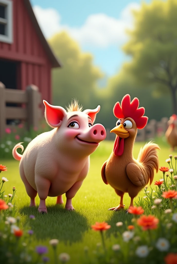 sow, flirtatious, without a crest, fat, gossiping and speaking ill of a rooster addressing the pixar-style hen
