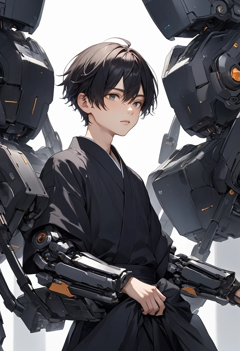 a young Japanese man, with short, close-cropped hair and a center-parted fringe, and wearing a black kimono, Instead of arms, he has robotic arms.