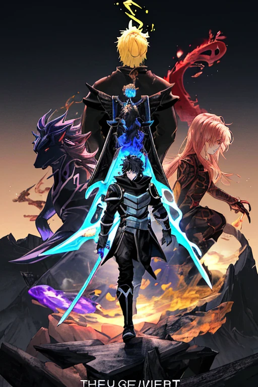 "Series Title: God of Beasts among hunters", World, where every person has an aura. Our hero will have a mighty color, Mighty aura. He will be dressed like a beast hunter, with black hair.. Our hero is on a hill, Where can you see the cave, Swords fly. Our hero is a man: 1.2), (Outstanding RPG writer: 1.1), The perfect combination of elements.