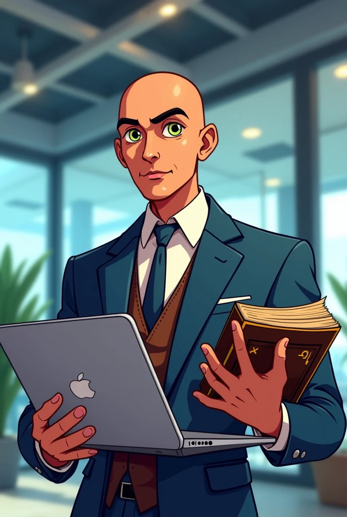 Corporate chanakya - sage chanakya holding macbook and vedas in hands in corporate attire of suit... Make it in cartoon anime form
