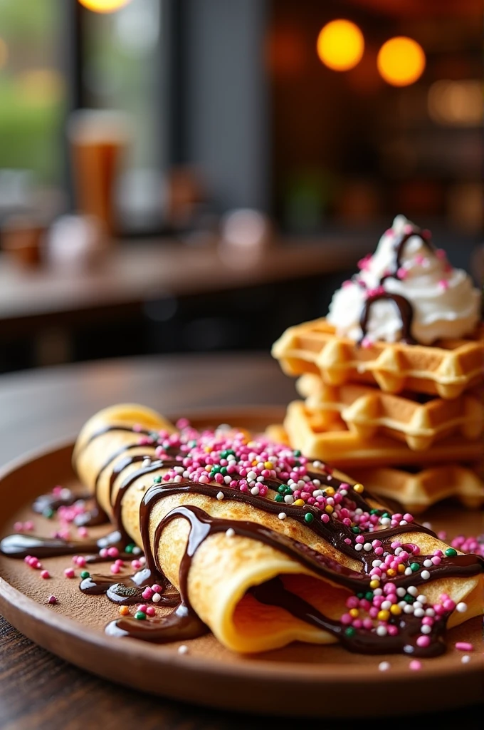 A crepe with chocolate sauce and colored sprinkles and also waffles