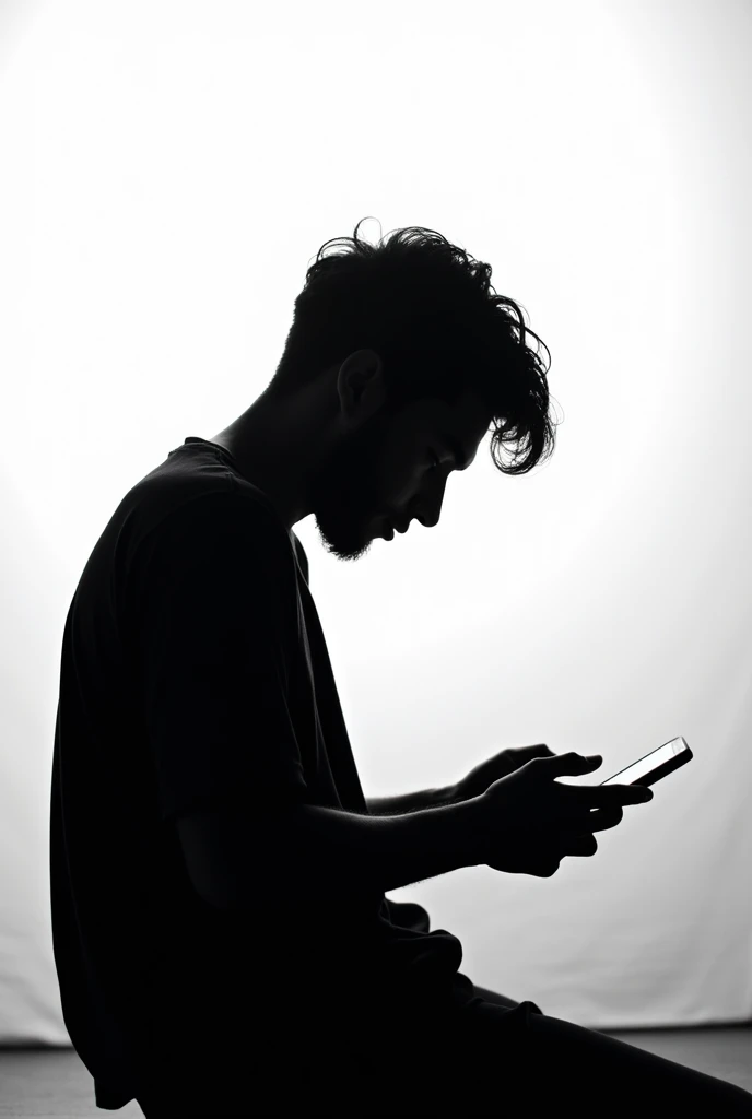 the silhouette like a shadow, ( black and white) of a young man looking at his phone in profile, seated,
