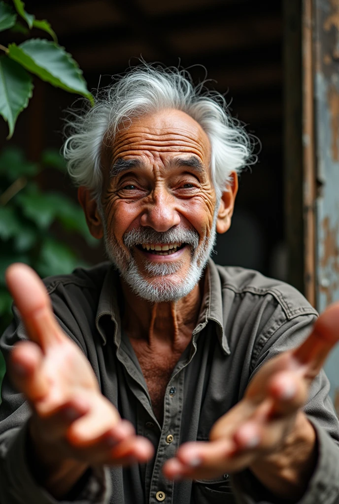 An artistic portrait of an elderly man with a joyful expression, captured in a natural and rustic environment. The image is taken slightly below eye level, with soft, natural lighting that enhances the textures of his face and clothing. The man’s hands are included in the frame, with a focus on maintaining a strong connection between the subject and the viewer. The background includes wooden elements and greenery, adding context and warmth to the scene, using a lens that balances detailed expressions with the surrounding environment.