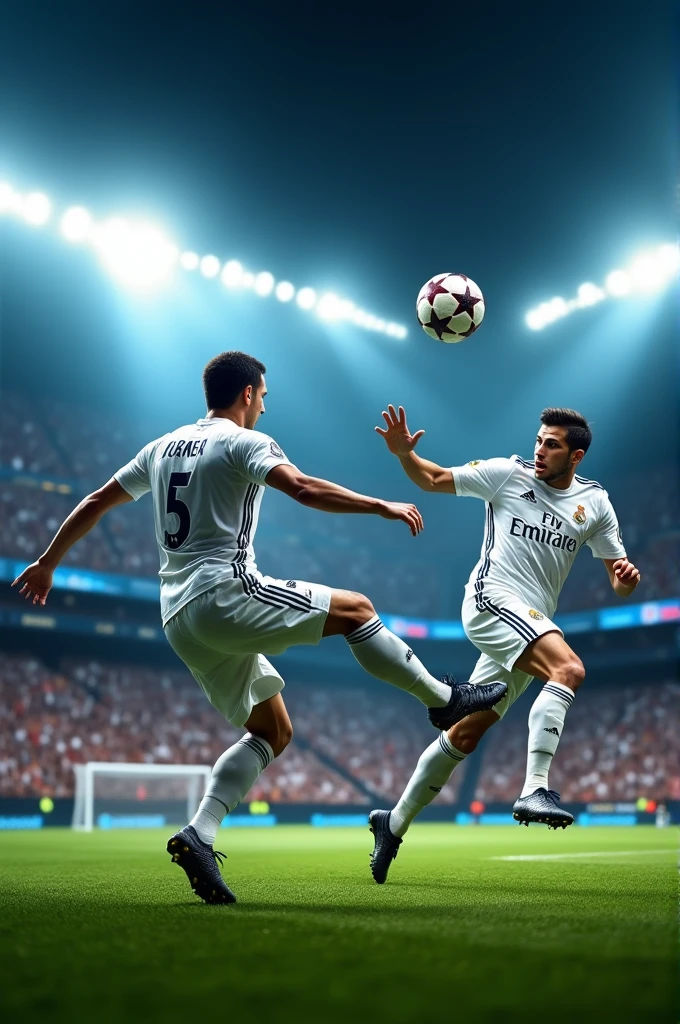 Here is an updated description for the cover:

**Description for the FIFPL 17 Cover:**

**bottom:**
- **stadium:** A packed football stadium, Inspired by the Santiago Bernabéu, Illuminated by a vibrant Champions League night match. The crowd and stadium lights create an exciting atmosphere.
- **lightning:** Effects de iluminación resaltando el campo y las gradas para capturar la energía del partido.

**Player 1:**
- **position:** In the center of the cover, In a dynamic pose similar to the FIFA 18 cover. Wearing a generic white uniform, Representing an elite football team.
- **Effects:** Details con reflejos de los reflectores y un leve desenfoque en el fondo para destacarlo.

**Player 2:**
- **position:** In the air performing a volley with a ball very similar to the 2017 Champions League, But with a modified design. The player's technique and action are the main focus.
- **Details:** The ball has a design similar to the Champions League, But with enough changes to avoid copyright infringement.

**General Design:**
- **FIFPL 17 Logo:** In the upper center with a modern design, Replacing the FIFA logo.
- **visual style:** Vibrant and professional, With bright colors and high-resolution details, Highlighting the intensity of the match.

Now, I can proceed to generate the image based on this description.