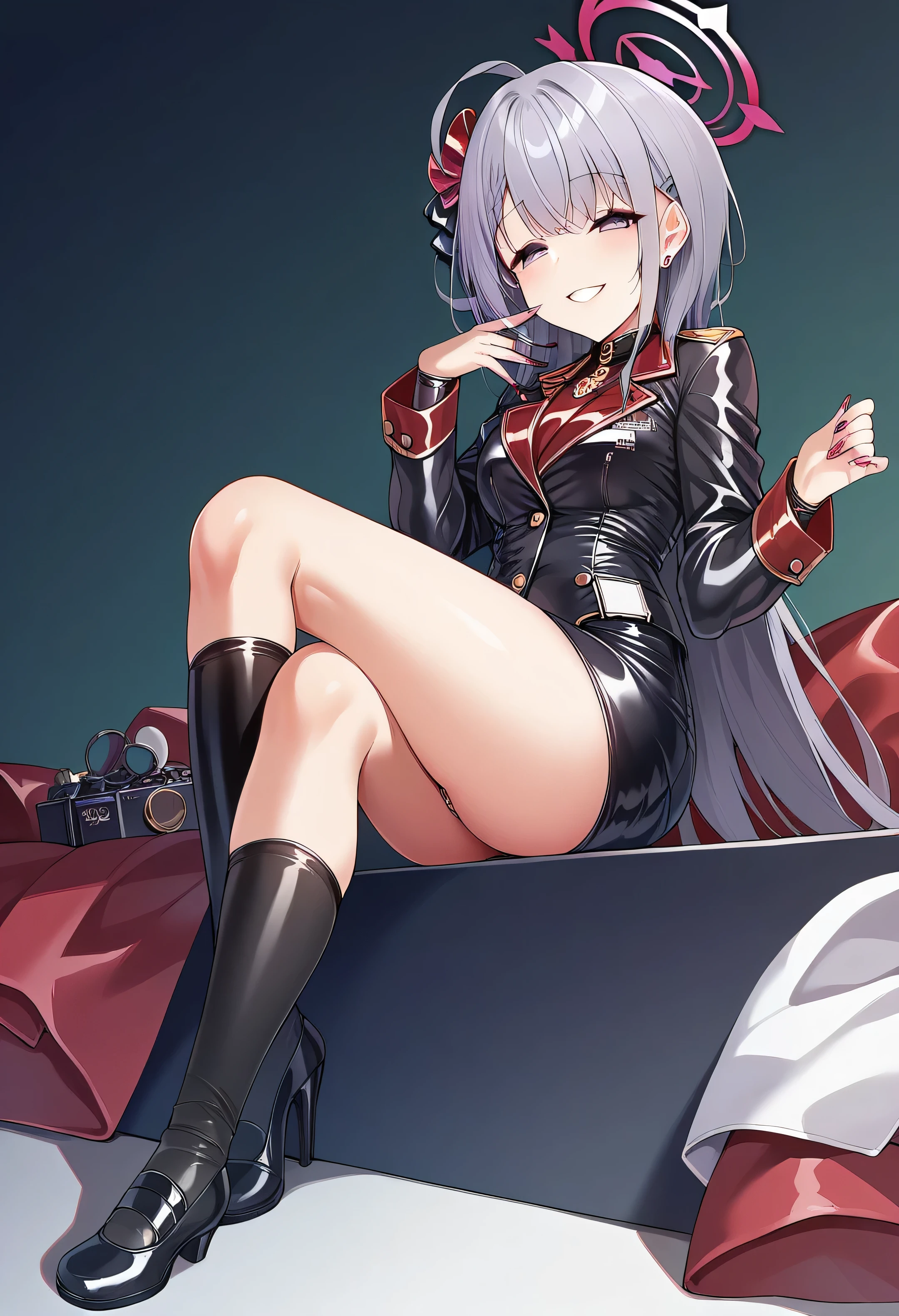 core_9, score_8_superior, score_7_superior, score_6_superior, Expressive, evaluation_Obscene, masterpiece, Highest quality, others_\(green_archive\), One girl, others sorasaki, Purple eyes, Gray Hair, Hello, Ahoge, military uniform, mini skirt, Multiple corners, Side slits, Knee socks, uniform, wing, zettai ryouiki, Half closed eyes, no psuperiorils, Wicked Smile, corrsuperiortion, latex, 