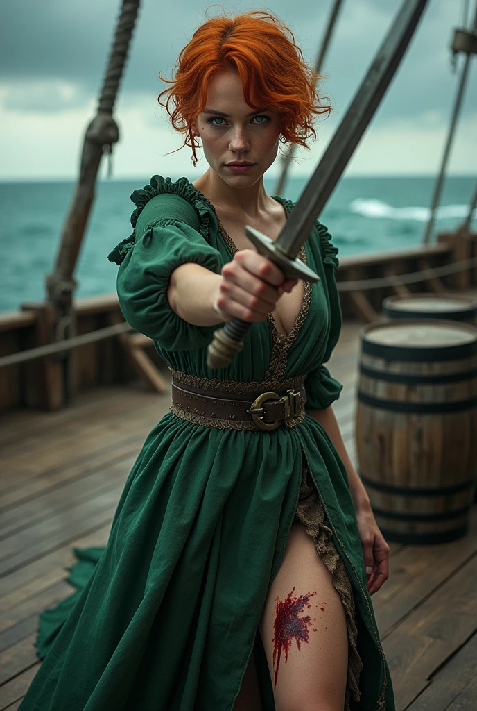 Penelope Featherington from the Bridgerton series agitated with a sword in her hand, A torn green dress, dirty and broken down to the legs. He has white skin and a bleeding hand, blue eyes, beautiful pink lips, chubby and curvy body and nice big breast, short orange hair to the ears. She is on a pirate ship
