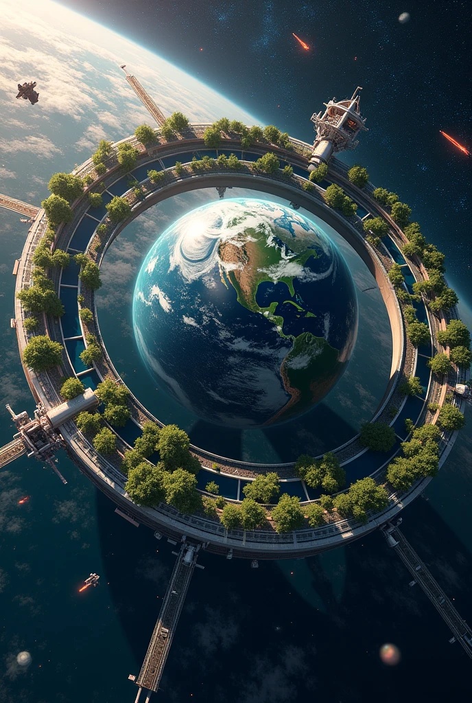 The space station is in the shape of three rings. The rings are located around the entire Earth. The Earth rotates inside these rings. Many ships arrive and depart. Rings follow the border of day and night on earth. Parks and bodies of water are visible, and solar energy stations. Planet Detail, stars, Mechanism Detailing.