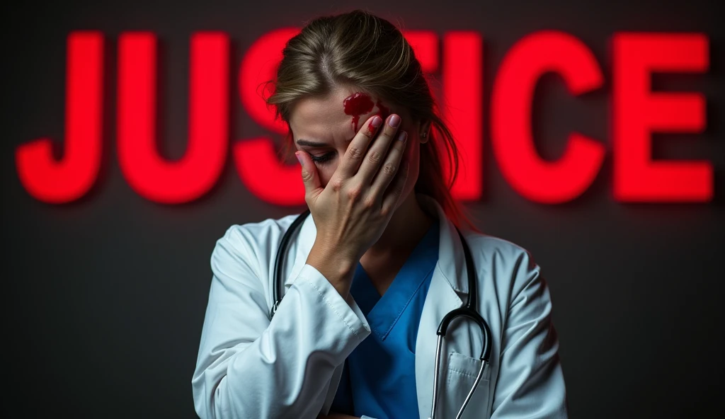 A woman in a white lab coat with blood show on her coat and blue scrubs . The background features the word JUSTICE in bold red letters, while women put her hand on her face and crying and she doesn’t show her face ..The overall tone is dramatic and intense, with a red hue dominating the scene.