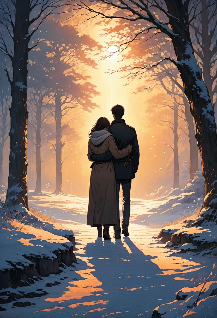 A heartwarming, emotional scene that captures the essence of loyalty and support. Imagine two individuals standing together in a cold, dimly lit world, where one is standing tall with confidence, and the other is slightly behind, offering a comforting hand on their back. In the background, soft shadows begin to creep, but a warm guiding light emanates from the supportive figure, creating a safe and peaceful space around them. The environment should feel cold and challenging, yet the connection between the two brings warmth and security. The imagery should convey a sense of unbreakable bond, strength, and the feeling of belonging