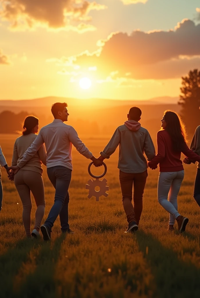"Create an inspiring image of diverse individuals coming together to form a strong, unbreakable chain. Each person is holding hands or linking arms, symbolizing unity and teamwork. The background should feature a blend of natural elements like a sunrise or a vast, open field, emphasizing hope and collective strength. The color palette should be warm and uplifting, with soft light rays shining down, highlighting the connected individuals. Include subtle symbols of collaboration, such as puzzle pieces or gears, integrated into the image to reinforce the message of teamwork. The overall mood should be empowering and motivating, encouraging viewers to embrace the idea that unity and collaboration lead to greater strength and success."