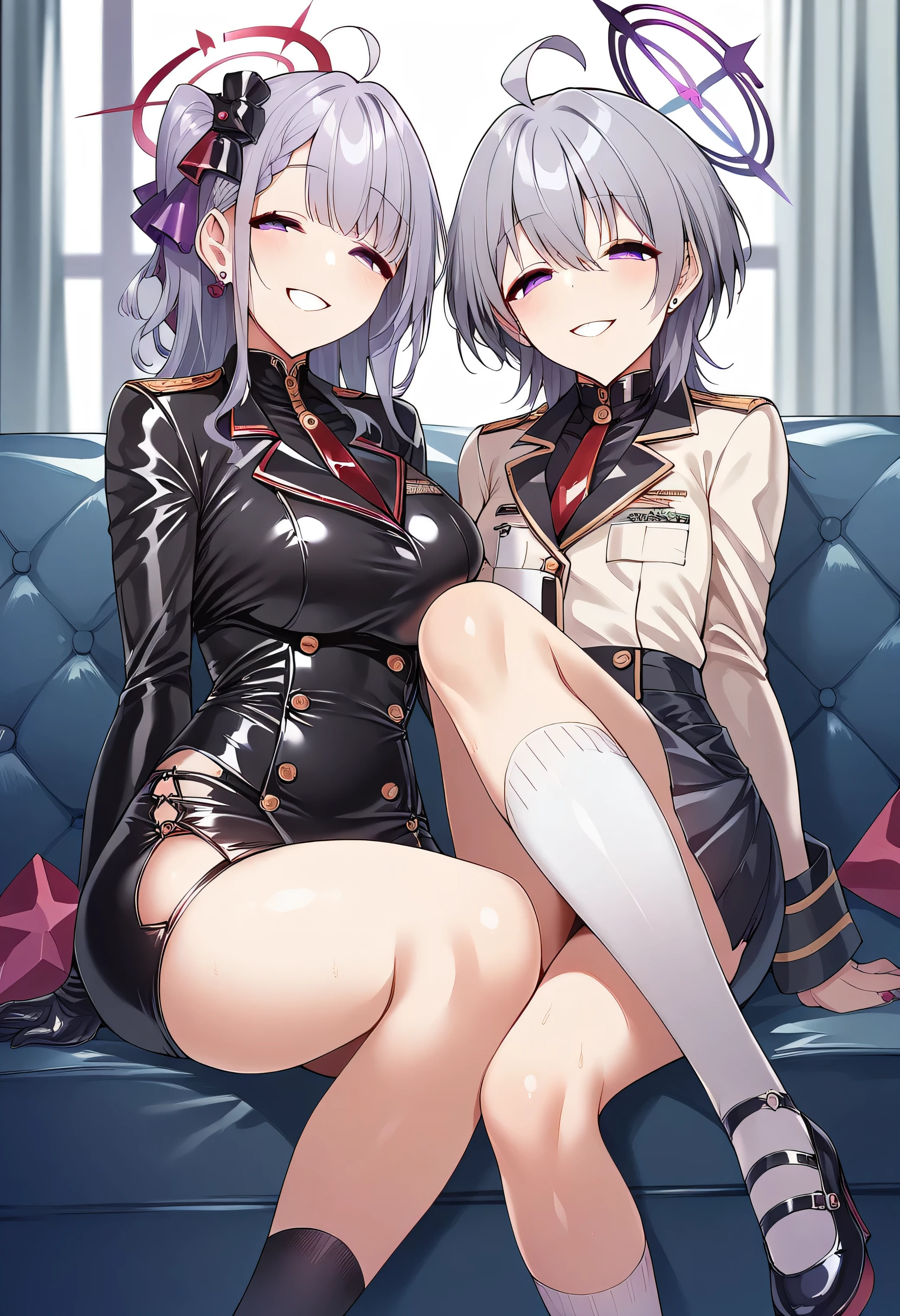 core_9, score_8_superior, score_7_superior, score_6_superior, Expressive, evaluation_Obscene, masterpiece, Highest quality, others_\(green_archive\), One girl, others sorasaki, Purple eyes, Gray Hair, Hello, Ahoge, military uniform, mini skirt, Multiple corners, Side slits, Knee socks, uniform, wing, zettai ryouiki, Half closed eyes, no psuperiorils, Wicked Smile, corrsuperiortion, latex, 