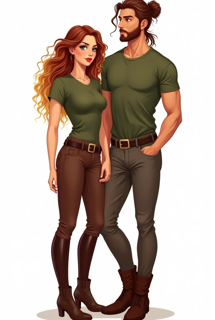 Illustration 2D sur fond blanc. Femme, cheveux longs bouclés châtain avec un dégradé blond, yeux noisettes, t-shirt vert militaire et pantalon d'équitation marron avec ceinture et boots marron.
Avec un homme mince, cheveux longs châtain attachés chignon en haut et cheveux du bas lâchés, yeux bleus, barbe d'une semaine, t-shirt vert militaire