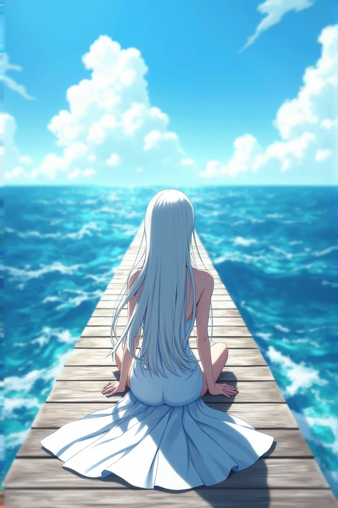 My hero academia template , Female gender , long white hair , with a white tight dress , extremely white skin , woman sitting with her back to the camera on a pier by the water