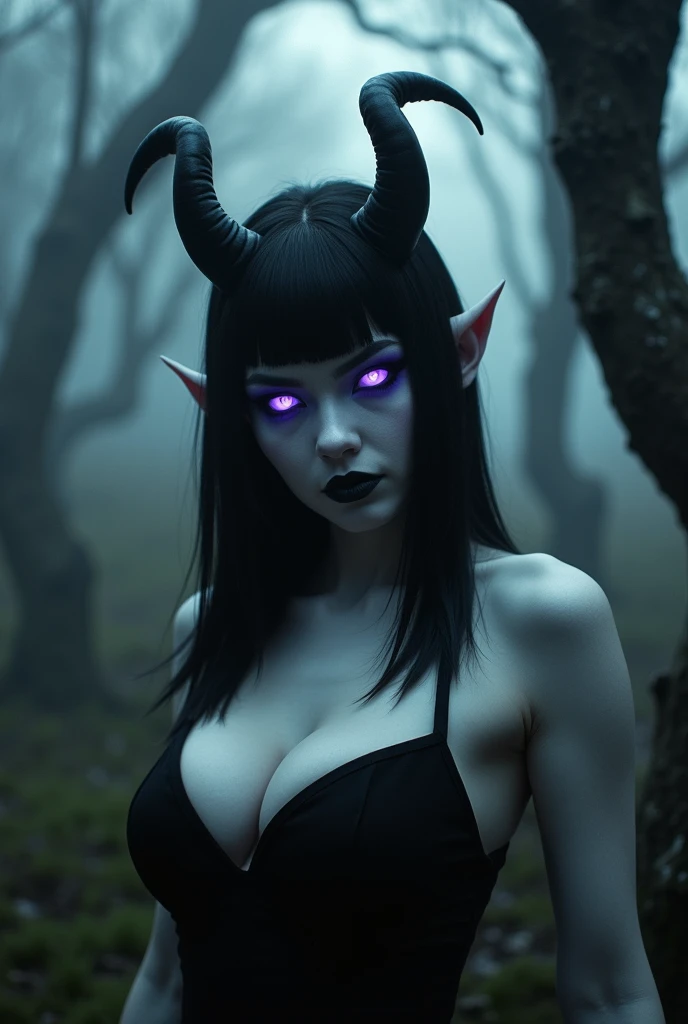 Demon woman, skin as white as paper, glowing purple eyes, black hair in an inverted bob, small white horns, big breasts, pointy ears, wearing a little black dress, black eyeliner. In a haunted forest.