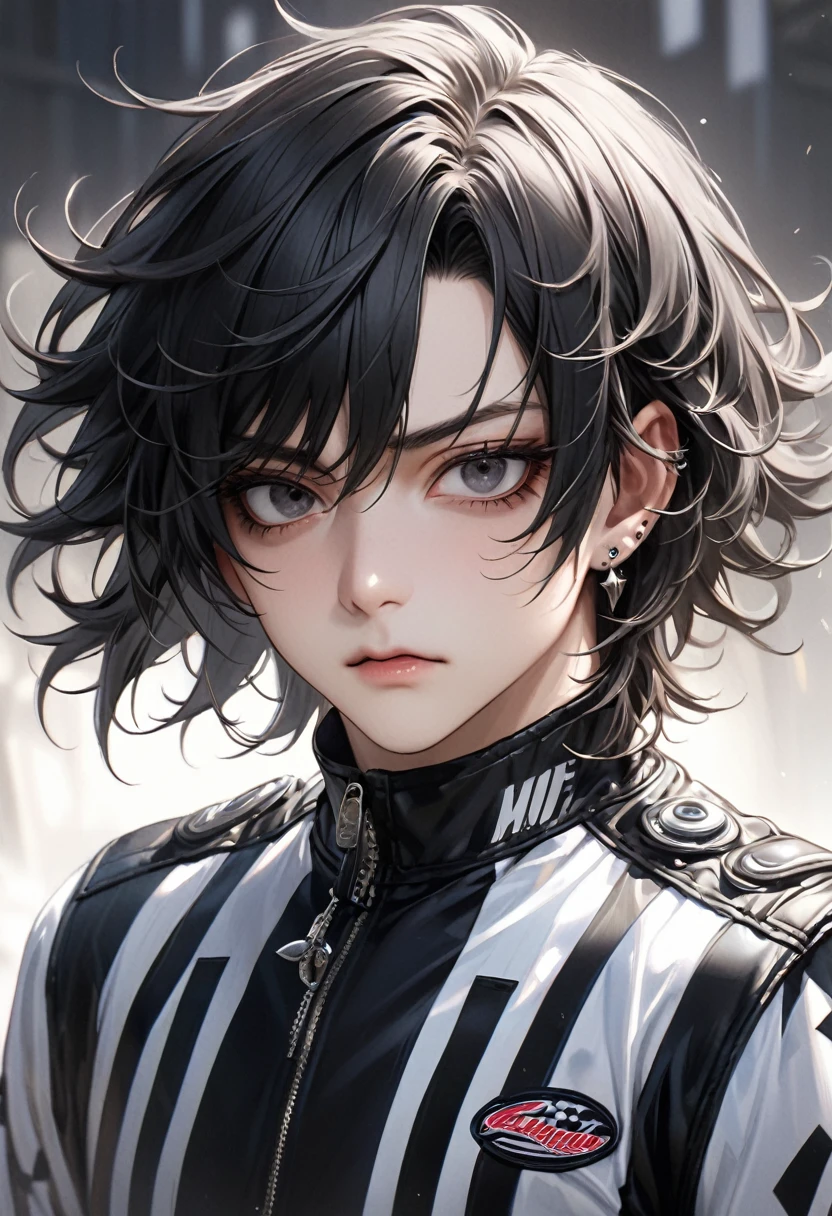 Ultra-high resolution,(Realistic:1.4), ((Highest quality)), ((masterpiece)), Black hair, ruffled fluffy hair, curly hair, Short Hair、Flowing bangs、black eyes,Cool guy,biker、Close-up、adultの歳,Short bangs,Cool piercings,Sparkling、Sidelong glance、Alluring、adult、looks strong、Visual Kei、Handsome、HYDE、Droopy eyes、Singing、Charisma、juvenile、Beardless、Droopy eyes, mascular, racer clothing, serious expression