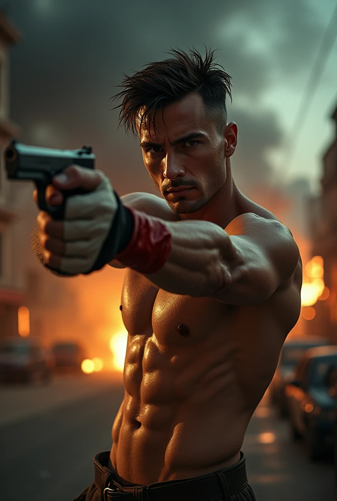 Generate a detailed visual of a man with a modeling look with square face shape.He has short hair and is pointing a gun with his right hand.There is a bleeding wound on his left hand, around which a cloth is wrapped.The wound on the left hand is wrapped with a cloth, tightened and bitten with the mouth.He has a flexible and slim body and is shirtless. The image should be dramatic and intense, with a focus on the man's expression and posture.Action Movie poster.The angle of the image is a low-angle shot. This means the camera is positioned below the subject, pointing upwards. This type of angle is often used to make the subject appear more powerful, imposing, or authoritative.