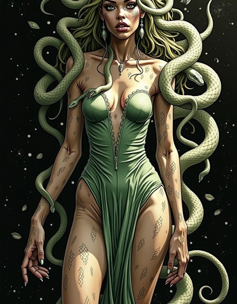 sfw, clothed, wearing dress, ((Medusa, gorgoneion, (face, ornate black metal corpse paint, resembles Grace Jones), morphology anatomy drawn Frederic Delavier musculature anatomical illustration, snake skin dress, (body, Naga, snakefolk, lower body snake tail, snake woman hybrid, bald, hairless, skeleton, snake skin tattoos, piercing eyes, snake pupils, living snakes on head, snake-hair, serpent-hair over the shoulder) )), ((splash page comic cover art, ink style figure, (expressive Joelle Jones and "Sean Gordon Murphy" comic drawing), abyss void black, no visibility darkness, wordless, (background, pine barrens, entropy, rewilding, magic hour sunset, galaxy stars, cosmos), cinematic poster, full length portrait, candid, (Gerardo Zaffino charcoal), (colors, bleak muted deep fiery radiant glowing ROYGBIV, forest green, earth brown) (horror, abstract, surreal, body, cosmic), subliminal orchids, nyctophobia, silhouette, double exposure, image within image, craftsmanship nuance, unfinished expressive rough-sketch ))