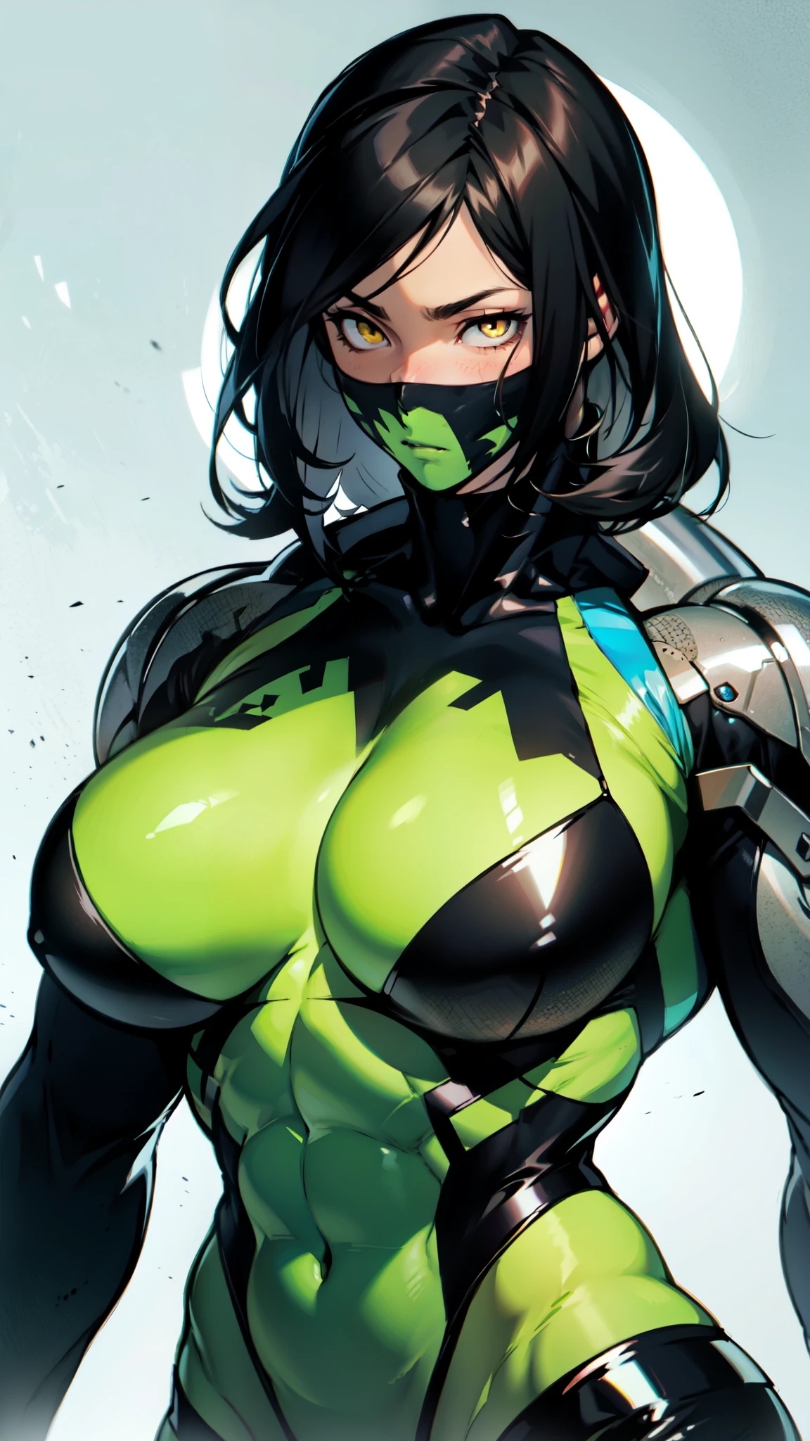 empty eyes embarrassed girl female huge breasts breasts pale skin 1girl muscular toned body huge breasts thick thighs black hair yellow eyes bodybuilder intricate pattern high details perfect female anatomy