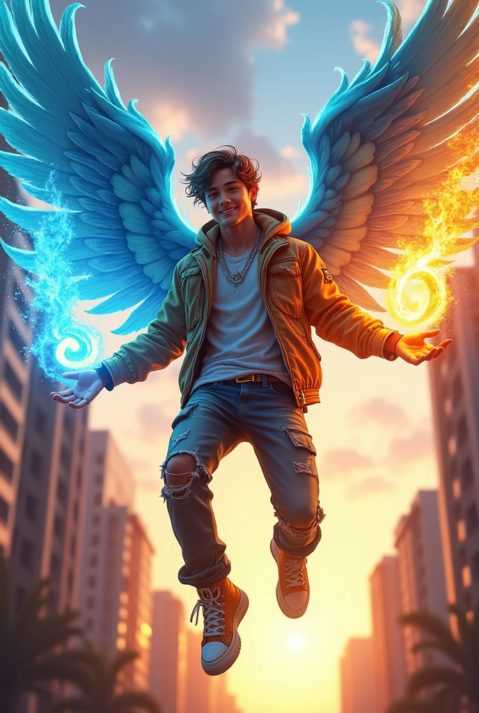 Fat Masculine Character, ager using magic with their hands (choose a magic), stylish, that can fly with wings 