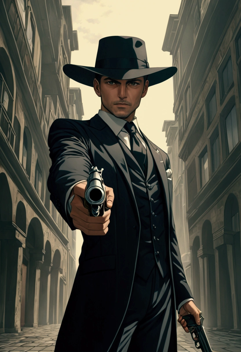 A man in a suit and hat, with a revolver pointed forward