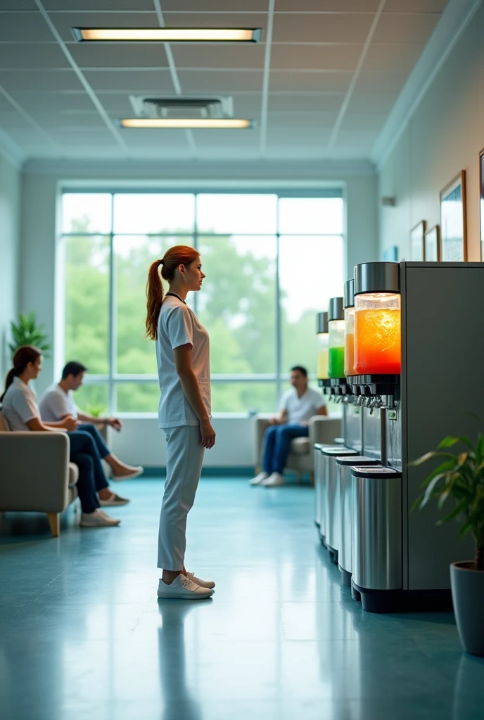 Create a Picture of a view outside doctors room …the lobby area where a dispenser of drink machine is kept