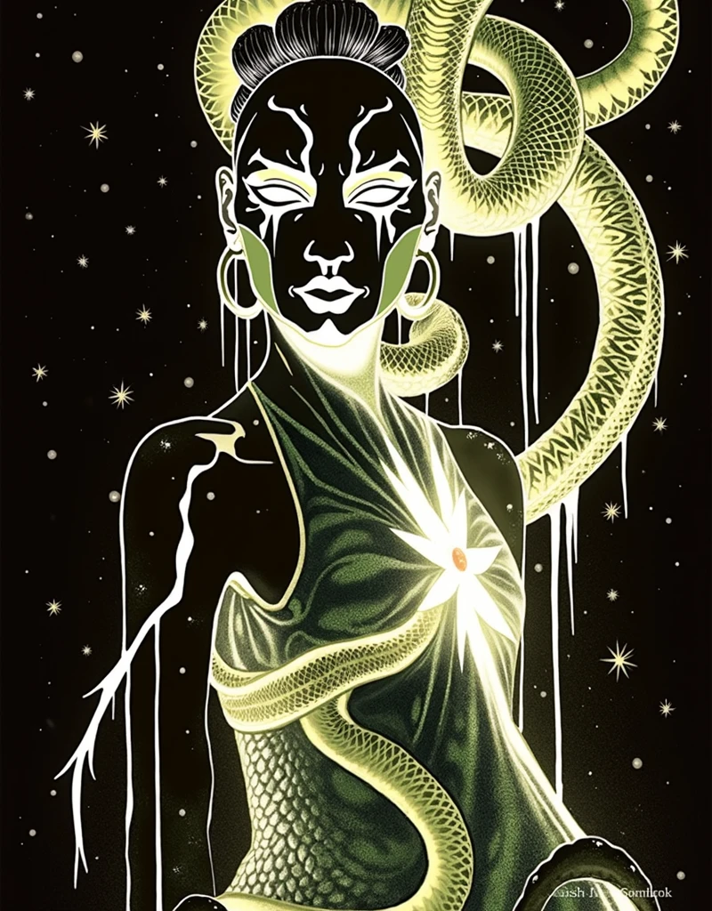 sfw, clothed, wearing dress, ((Medusa, gorgoneion, (face, ornate black metal corpse paint, resembles Grace Jones), morphology anatomy drawn Frederic Delavier musculature anatomical illustration, snake skin dress, (body, Naga, snakefolk, lower body snake tail, snake woman hybrid, bald, hairless, skeleton, snake skin tattoos, piercing eyes, snake pupils, living snakes on head, snake-hair, serpent-hair over the shoulder) )), ((splash page comic cover art, ink style figure, (expressive Joelle Jones and "Sean Gordon Murphy" comic drawing), abyss void black, no visibility darkness, wordless, (background, pine barrens, entropy, rewilding, magic hour sunset, galaxy stars, cosmos), cinematic poster, full length portrait, candid, (Gerardo Zaffino charcoal), (colors, bleak muted deep fiery radiant glowing ROYGBIV, forest green, earth brown) (horror, abstract, surreal, body, cosmic), subliminal orchids, nyctophobia, silhouette, double exposure, image within image, craftsmanship nuance, unfinished expressive rough-sketch ))