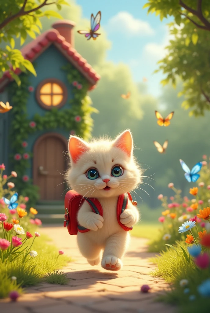 Once upon a time there was a happy kitten going to school