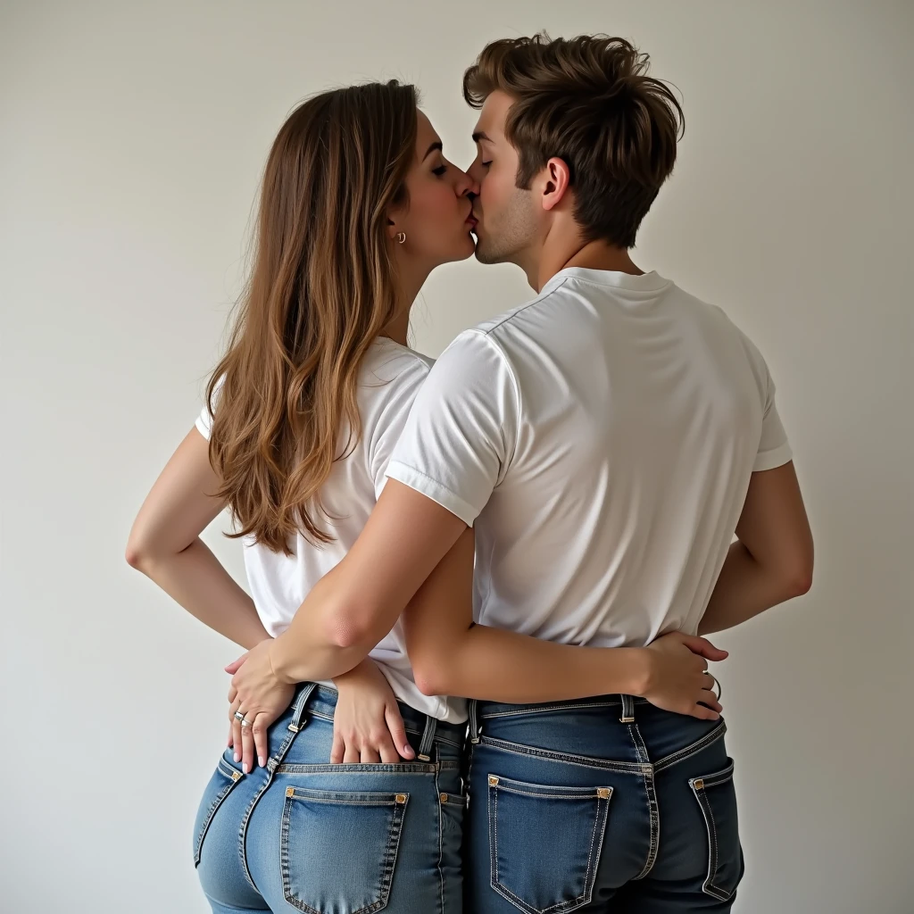 Pretty middle aged mum kissing handsome son while his hands are on her butt and her hands are on the front of his jeans. The age difference should be evident