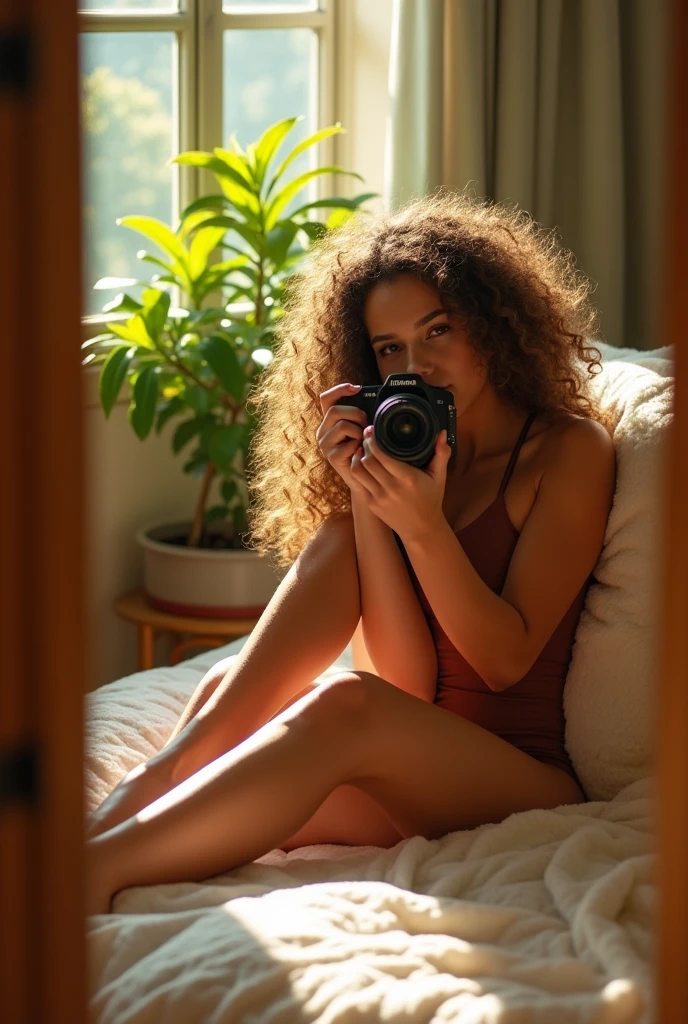 A brunette girl with curly hair and big breasts sits with her legs stretched out, taking a realistic photo