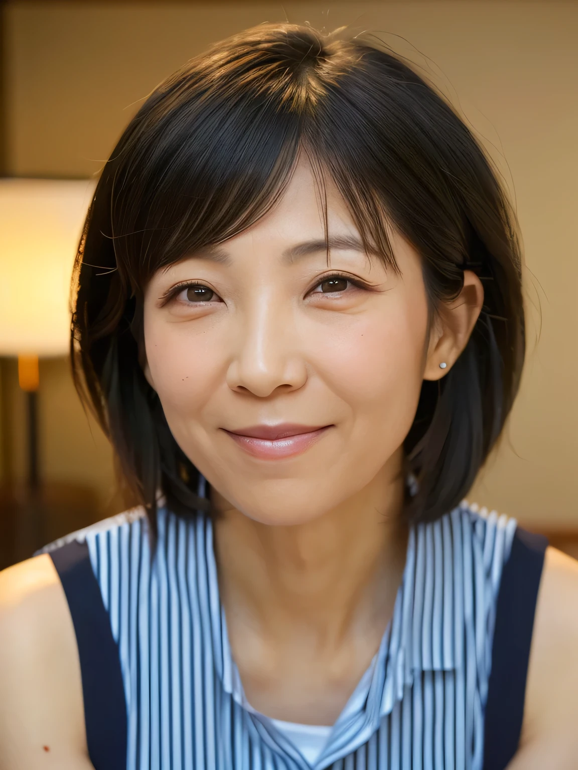 Browsing Caution, ((Highest quality)), ((8k)), ((masterpiece: 1.3)), (Perfect appearance), (Photorealism: 1.6), (Woman standing in a love hotel room), Japanese women, (40 years old), Married women, ((Realistic skin texture 1.8)), (Fine wrinkles appear all over the skin: 1.3), (Dullness: 1.1), (Unmoisturized skin: 1.2) , (Facial wrinkles: 0.9), (Wrinkles around the eyes: 1.2), double eyelid, Lower eyelid tear sulcus, (Crying Mole: 0.9), The eyes are looking here, Smile with your lips slightly open, (Dimples: 1.2), Short bob cut hair, (sleeveless cut and sew), ((Close-up photo focusing on upper body)), Ordinary housewife、In the city、