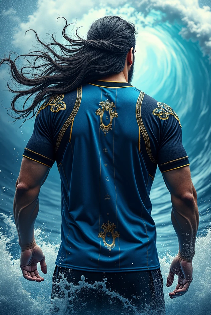 Blue and black team jersey with waves and gold details on the sleeve featuring a design of a Poseidon emerging from the back and coming forward on the shirt.