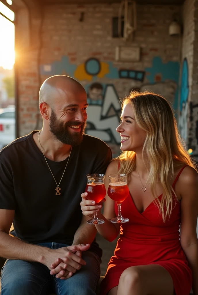 Rolf (39 Years old) living in Berlin, dressed in black tshirt and jeans, Tall skinny, with a beard, a little drunken and used looking, light and nearly bald, big smile, a little beautiful, 
Cute butt, sitting in front of a abandoned warehouse bar in Berlin Kreuzberg drinking aperol Spritz at Sunset with Tessa (33), a blond sun kissed hair and skinny tall woman, not normally beautiful but natural Beauty
Size boobs, BIG ass, dressed in a short red dress, tiny teeth, wrinkles, tanned from a summer vacation in Italy 