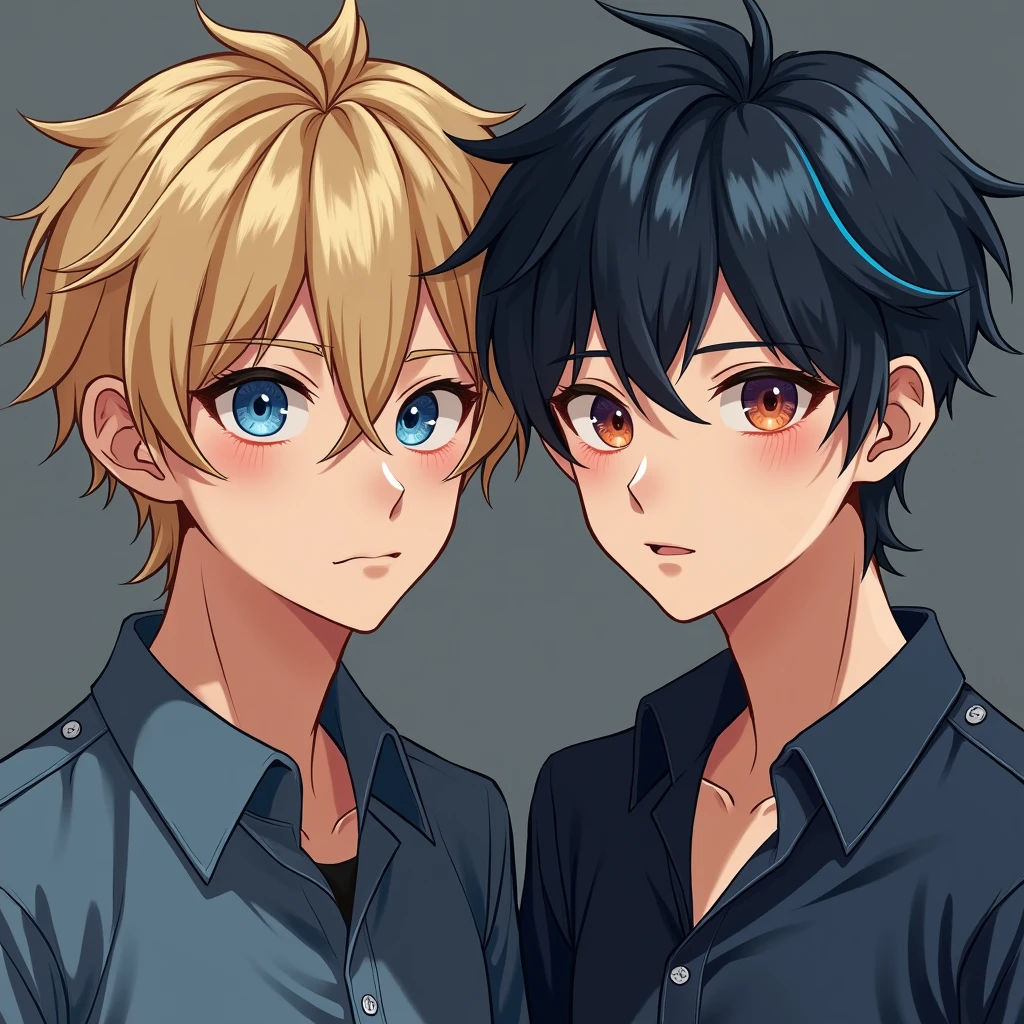 Male twins, The first twin has dark blonde hair and blue eyes, The second twin has black hair with blue highlights